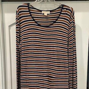 Michael Kors Dress Woman's S Brown Blk  White Striped Midi Long Sleeves T Shirt